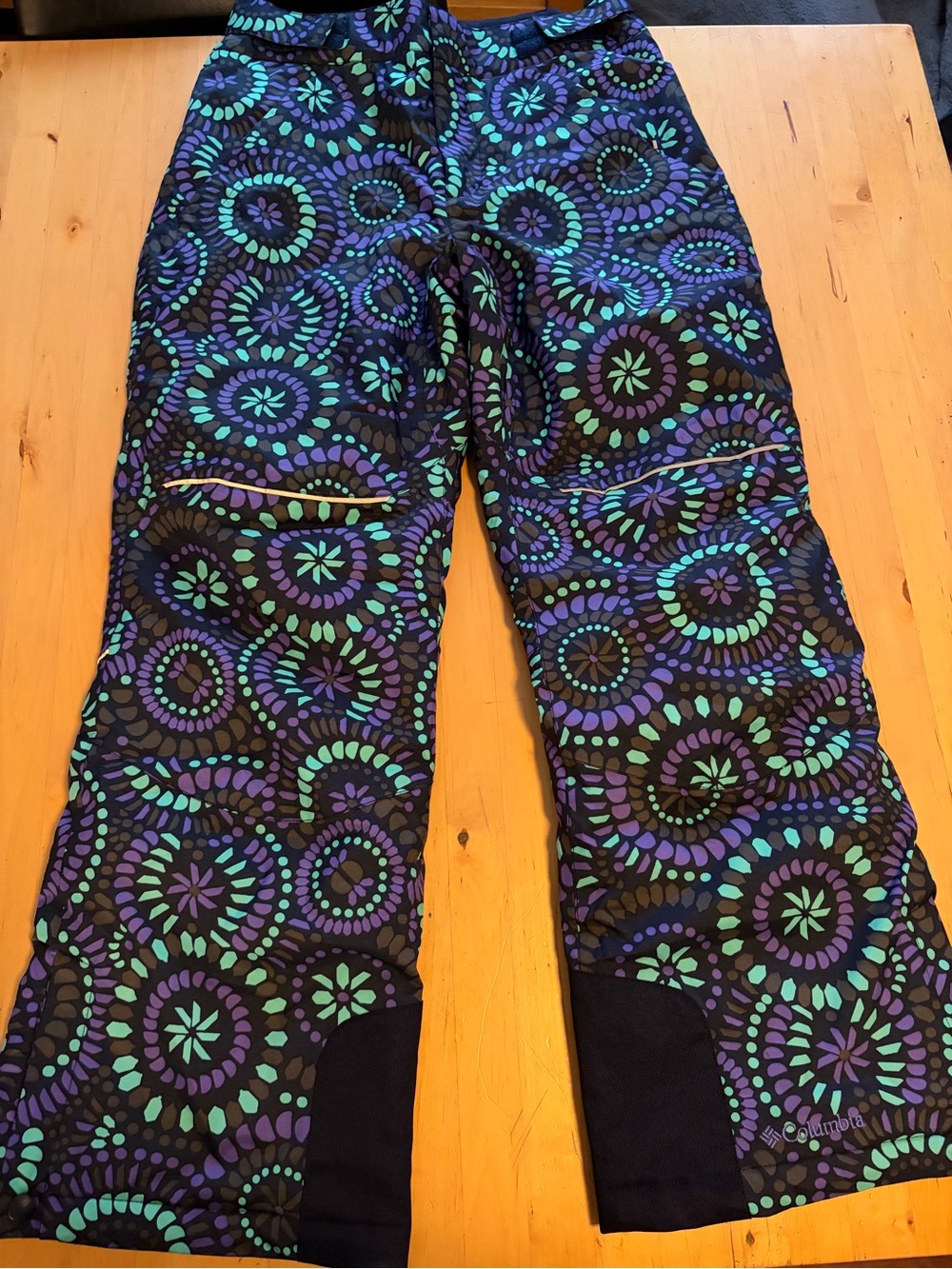Columbia Girls' Snow Pants in Blue, Teal & Purple Circular Print